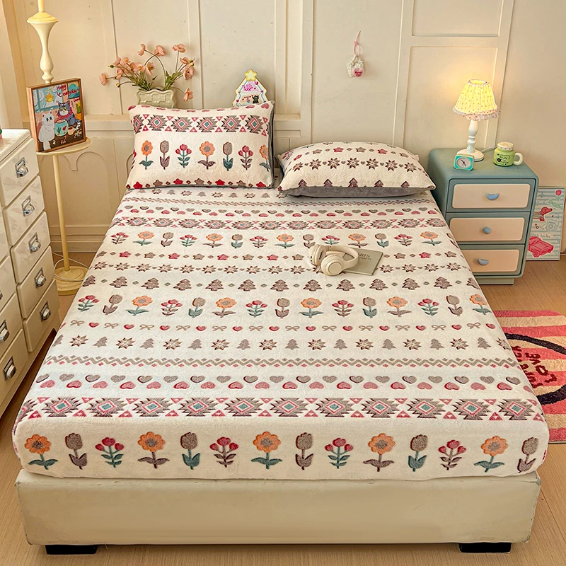 1pc Fleece Bed Sheet Warm Fitted Sheet for Winter Skin-friendly lençol cama casal Adults Kids Room Bed Linen Soft roupa de cama