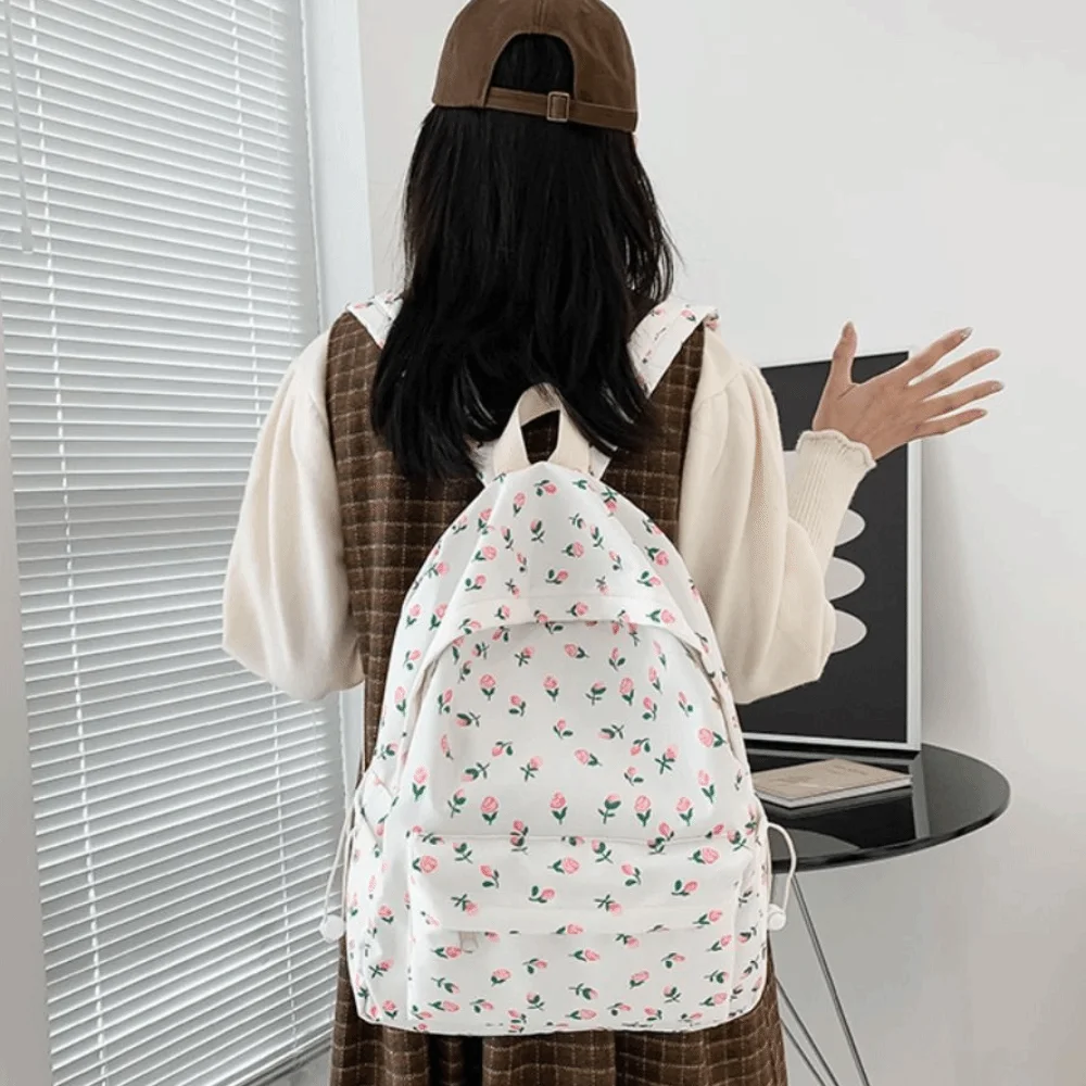 Zaino per studenti di moda di grande capacità Borsa da scuola floreale per il tempo libero in nylon Borsa a tracolla estetica casual da viaggio