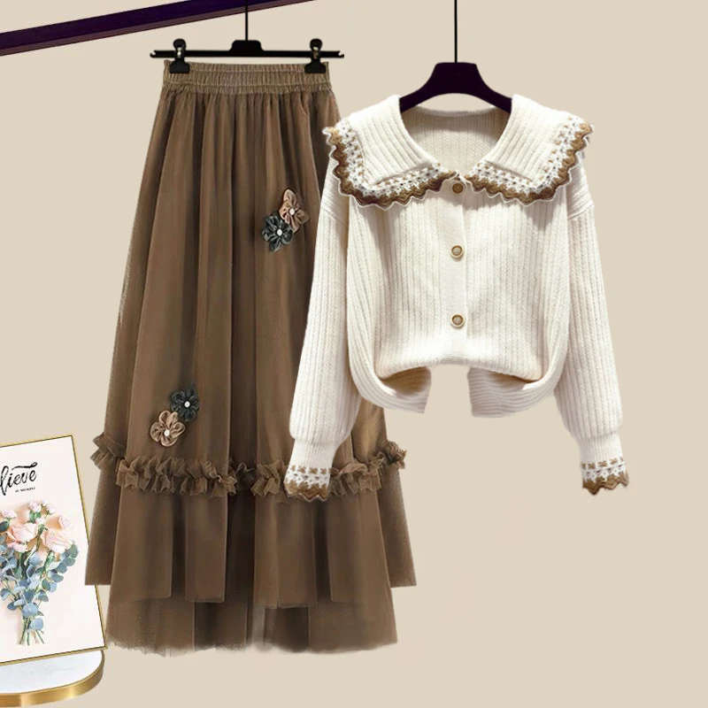 

plus Size Winter Profional Outfit Women's Faion Slimming Concealing Two-Piece Set with Sweater And Skirt