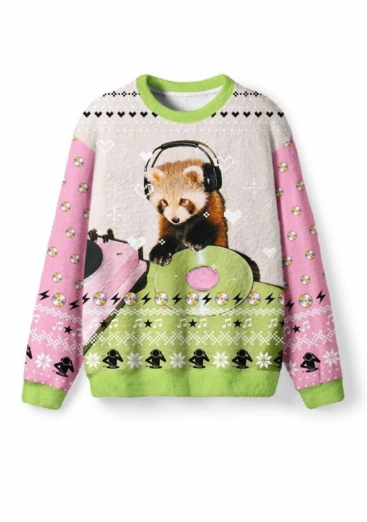 Ugly Christmas Sweater Pullover,Funny Cute Red Panda DJ Music 3D Print Sweatshirt, Men‘s Women’s Kid‘s Christmas Party Jumper