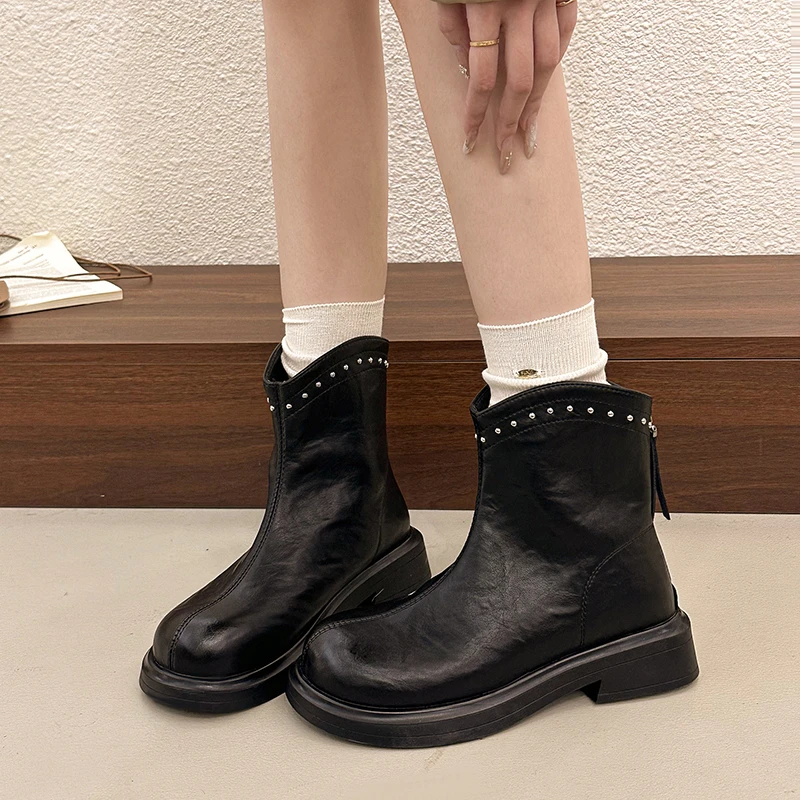 Studded Soft Leather Block Heel Women's Shoes Fashion Round Toe Rear Zipper Platform Non-Slip Booties