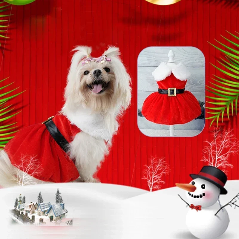 Christmas Coat Dog Clothes Dog Dress Xmas Dress Red Skirt Pets Cat Warm Dress Bow Skirt Comfortable Pet Supplies Dog Costume