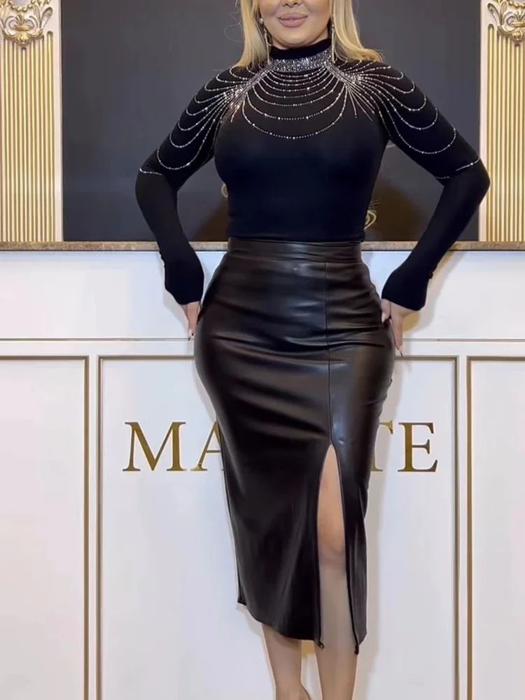 

High Waist Faux Leather Slim Midi Skirts Women Stretch PU Bodycon Pencil Skirts Side Split Ladies Wrap Hip Party Clubwear Custom