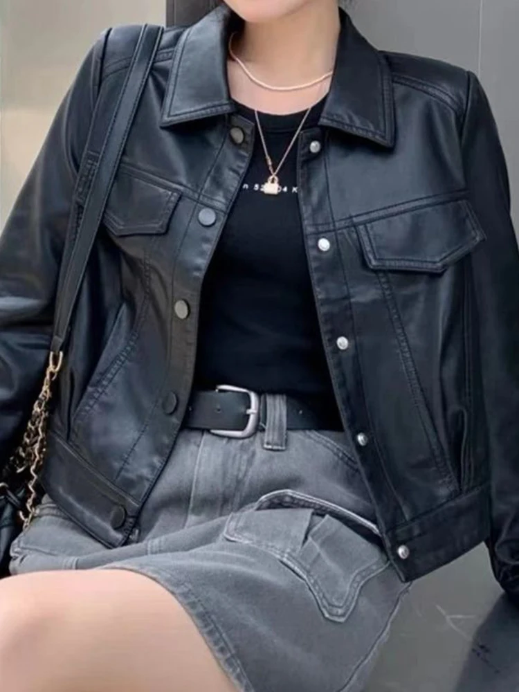 女性カジュアルラペルジャケット女性のための秋の新長袖ストリートオーバーコート女性の黒のショートオートバイレザーコート