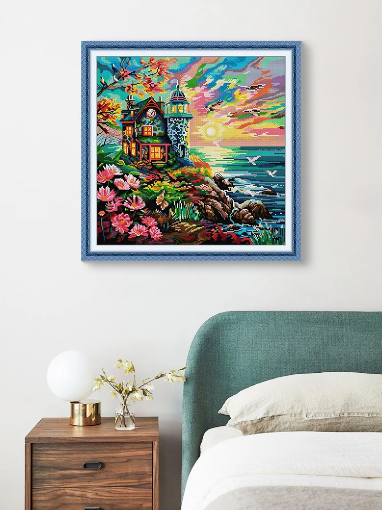 

Набор для вышивки крестом Joy Sunday с предварительной печатью, легкий узор, набор для вышивки из штампованной ткани Аиды, морской маяк