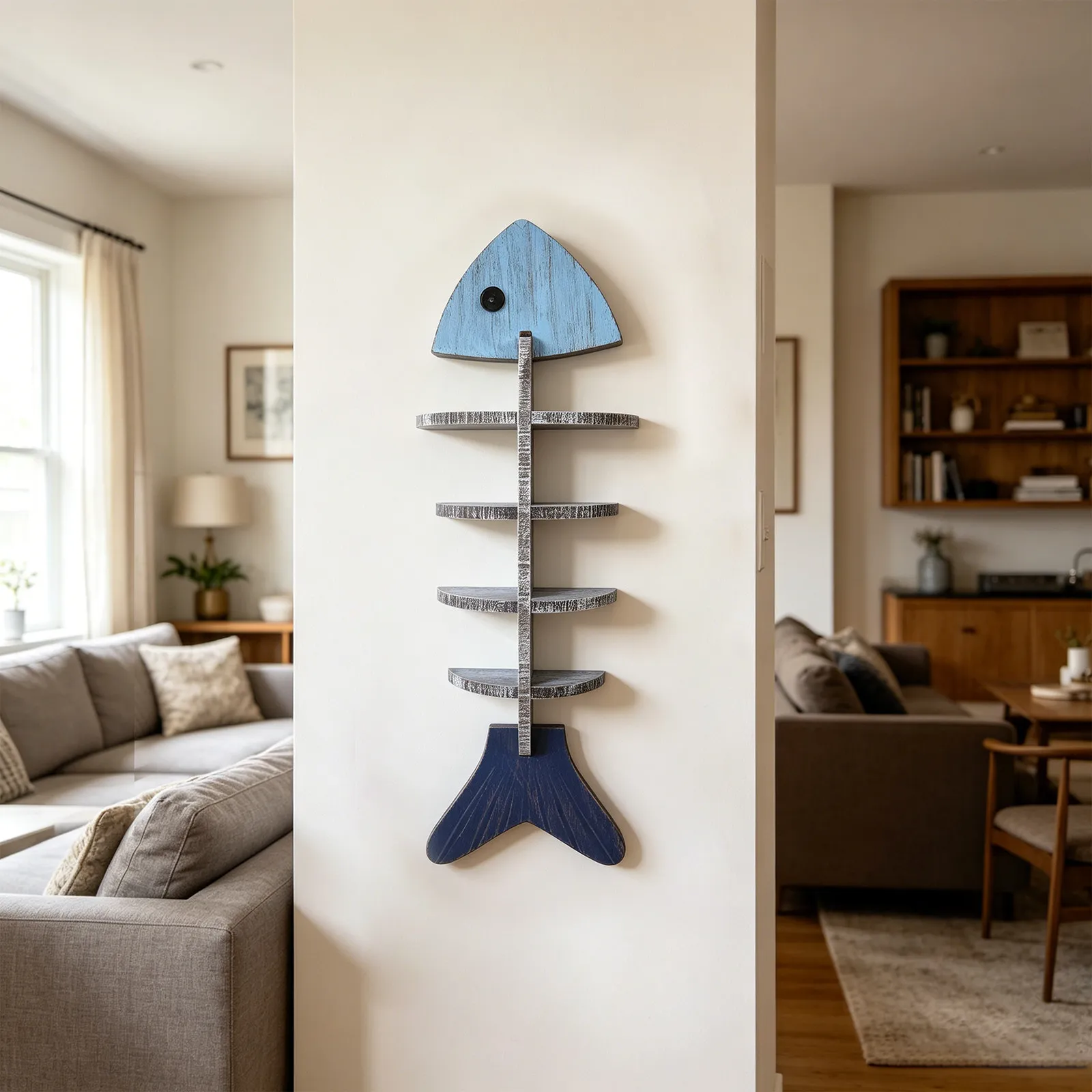 Wooden Fish-Shaped Wall Shelf Coastal Nautical Decor Vertical Fishbone Floating Display Rack Bathroom Entryway Wall Mounted