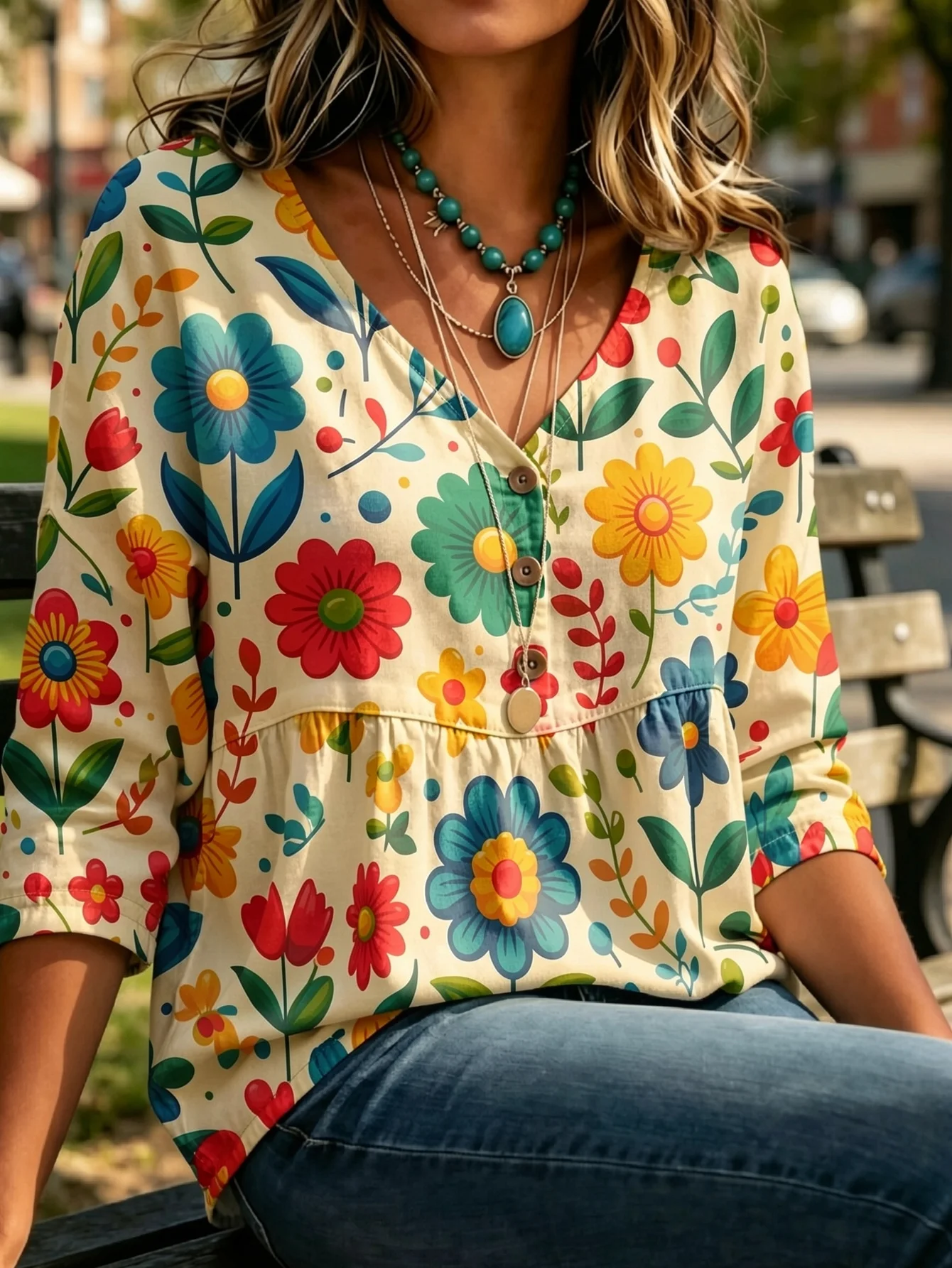 

V Neck 3/4 Sleeve Babydoll Blouse Women Colorful Floral Peplum Top Casual Loose Chiffon Shirt for Daily Outdoor Park Wear