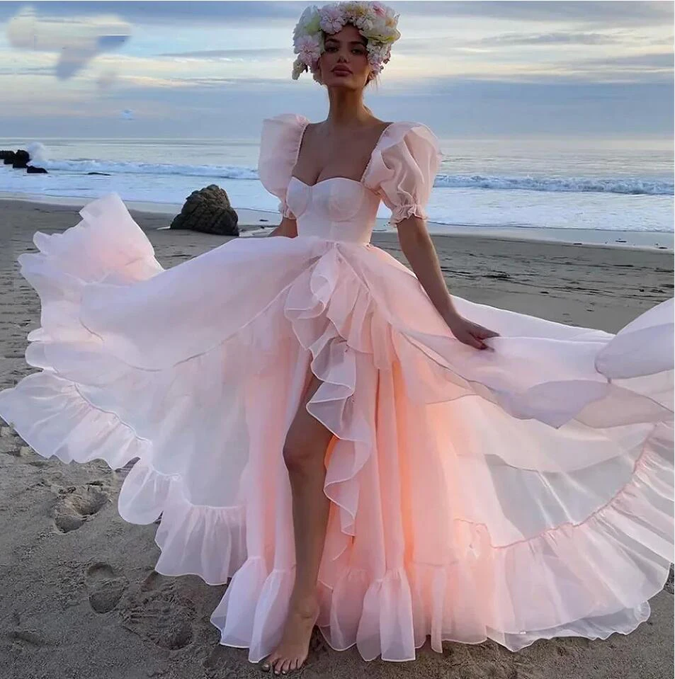 

OLOEY Baby Pink Organza Evening Dresses Beach Wedding Gowns Silk Ruffles Prom Gowns Formal Party Dress Split Formal Occasion