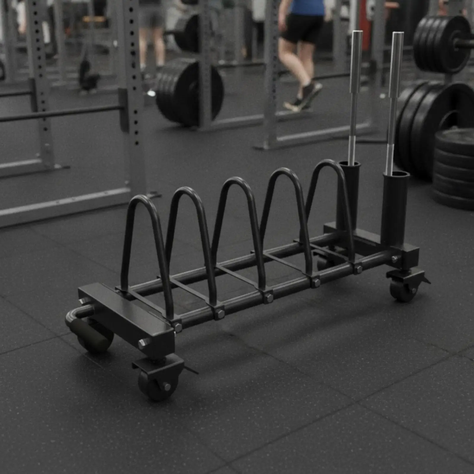Picture 4: Weight plate storage trolley with wheels, tubular frame and barbell holder
