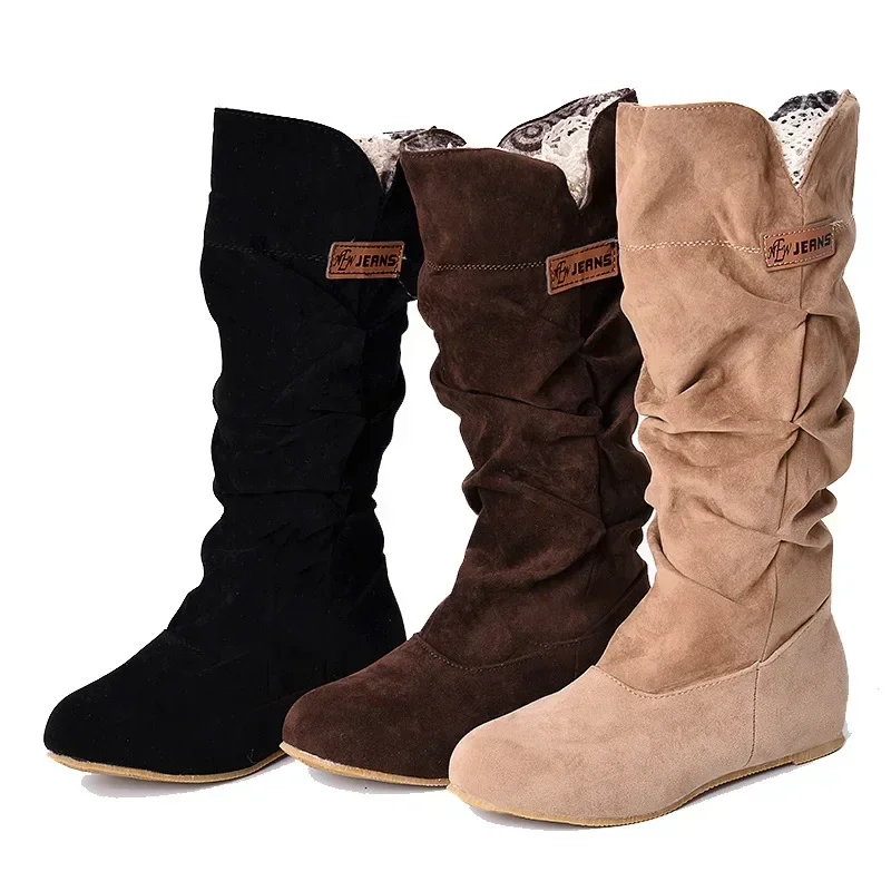 

2024 new women's frosted mid tube pleated boots with flat lace retro knight boots winter warm Fashion leisure shoes for women