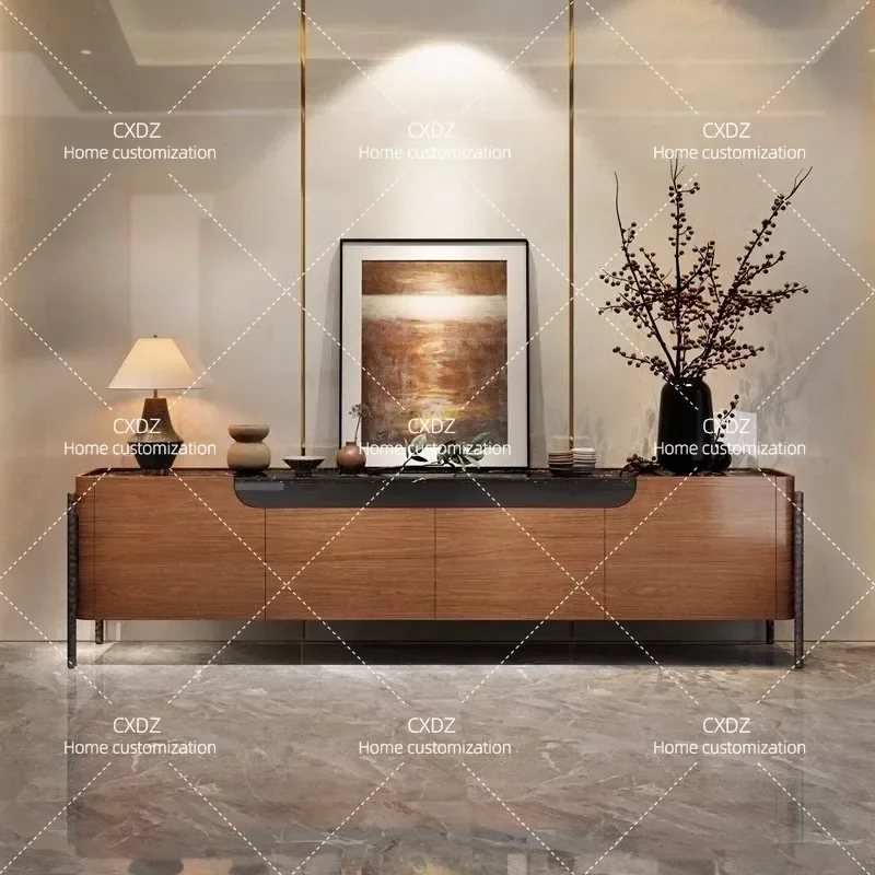 Retro Marble TV Cabinet Floor to Ceiling Solid Wood Storage Locker for Living Room Villa High End Antique Style Media Console