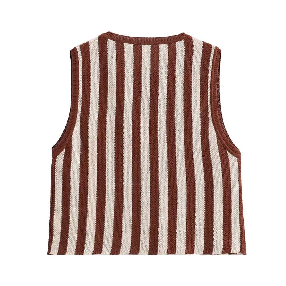 European And American 2024 Summer Women\'s New Fashion And Casual Style Round Neck Sleeveless Knitted Stripe Top And Pants Set