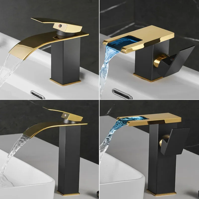 Brass Waterfall Bathroom Basin Faucet LED Cold Hot Mixer with Black Color Change Powered by Water Flow