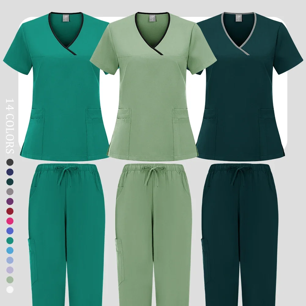 Surgical Set Women Pet Hospital Scrub Uniforms Suits Unisex Solid Color Surgical Gown Pocket V-neck Jogger Suits