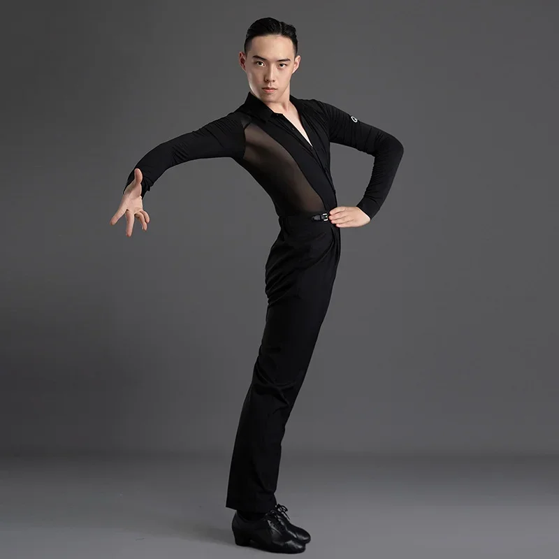 Chemise de danse de salon pour hommes, Costume de spectacle en maille, vêtements de danse modernes, vêtements de pratique latine de valse