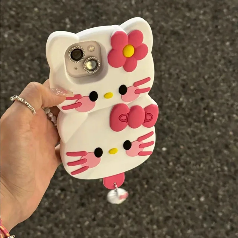 Kawaii Popsicle Hello Kitty 3D Silicone Case for IPhone 15 14 13 12 Pro Max Sanrio Anime Fashion Protective Cover with Pendant