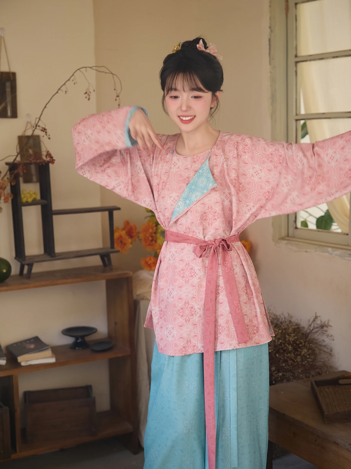 

Двусторонняя рубашка с круглым вырезом в стиле династии Тан, брюки-фонарики, рукава с бантом и карманами, женский ханьфу, весенне-летняя мода, традиционный стиль