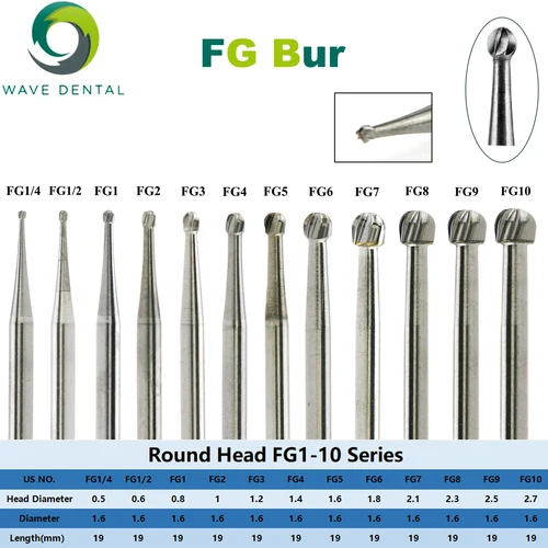Imagen 1 del producto PRIMA WAVE Dental fresas de carburo de tungsteno bola cabeza redonda serie FG para pieza de mano de alta velocidad Dia.1.6mm 5 unids/pack