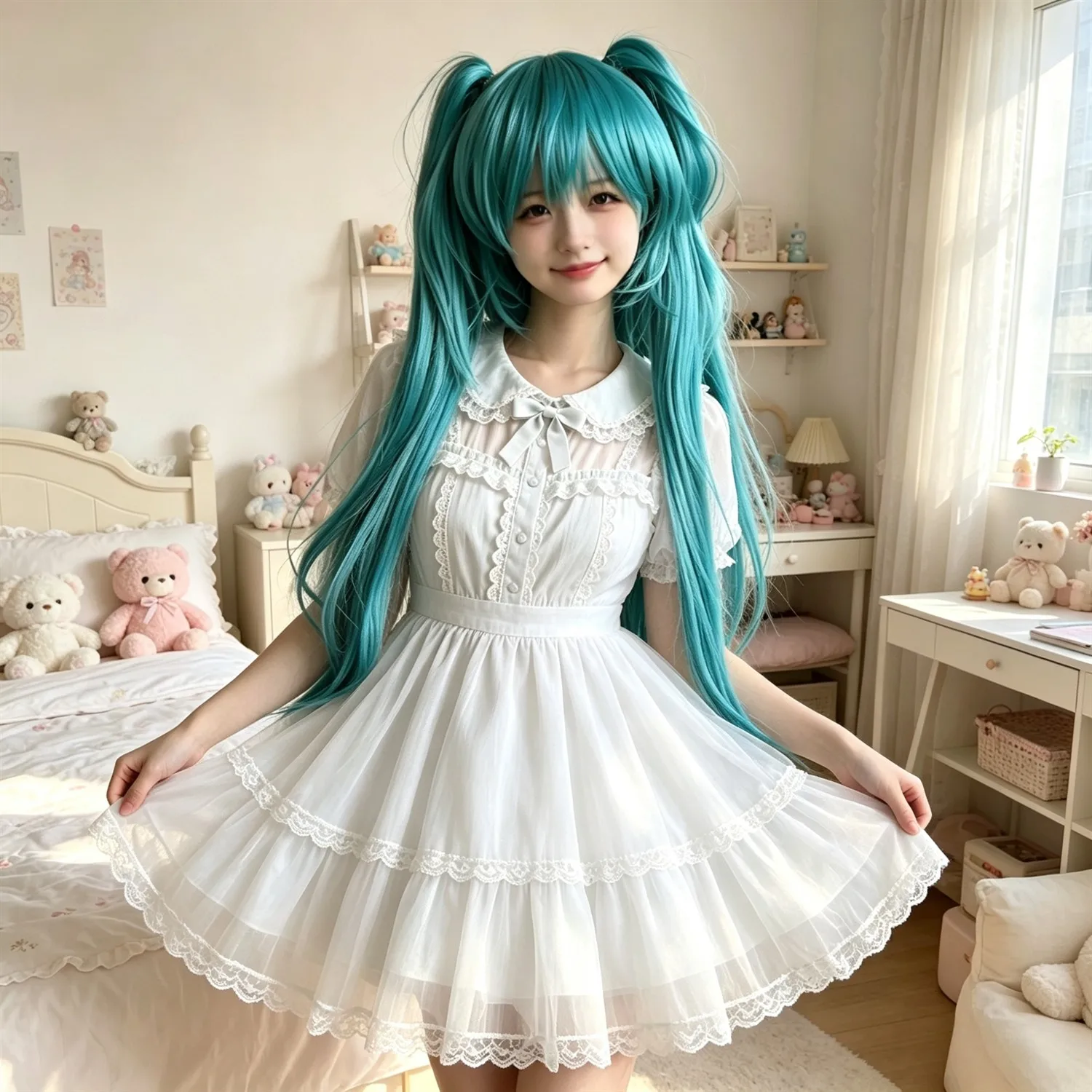 Anime Cosplay Wig 40 Inch Mint Green Long Double Ponytails Heat Resistant Synthetic Fiber Wig