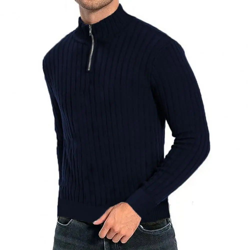 

Men Zippered Half Turtleneck Sweater Men Solid Color Pullover Sweater Stylish Men's Knitted Sweater Warm Elastic for Fall/winter