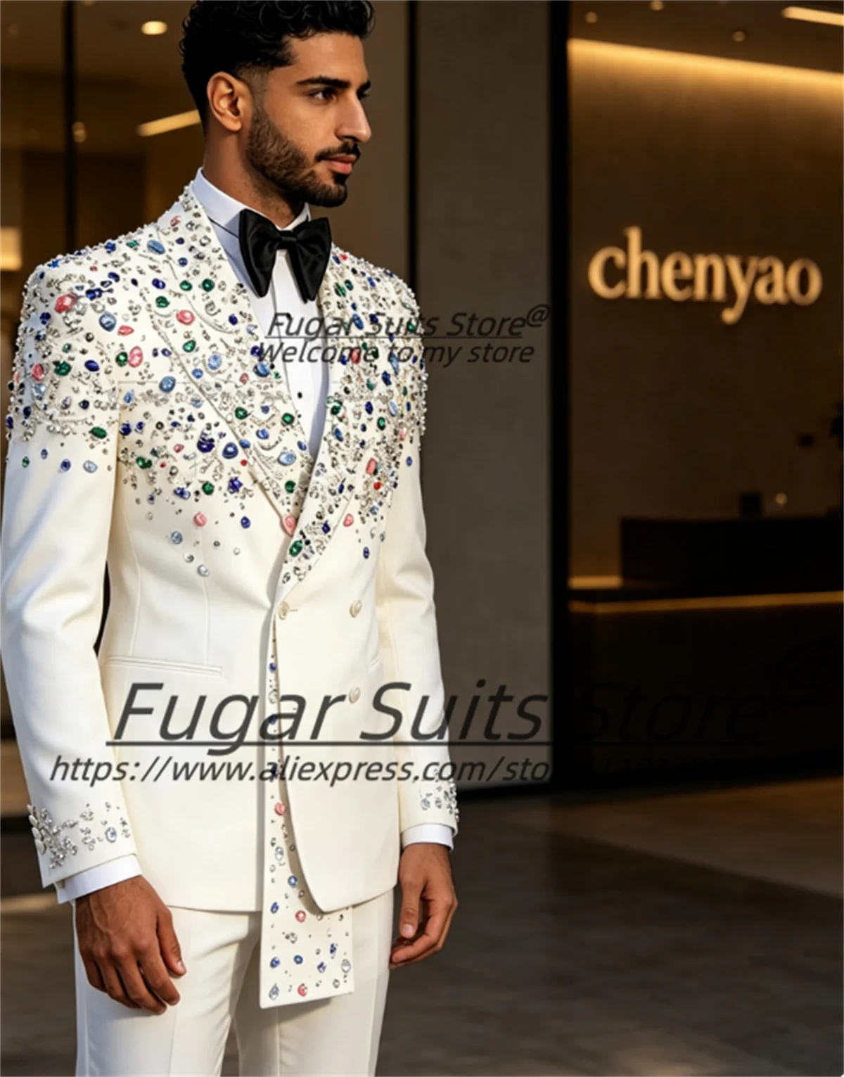Luxurious Multi Color Crystal Rhinestone Heavy Embroidery Men Suits Customized Slim Peak Lapel Groom Wedding Tuxedos 2 Pcs Sets