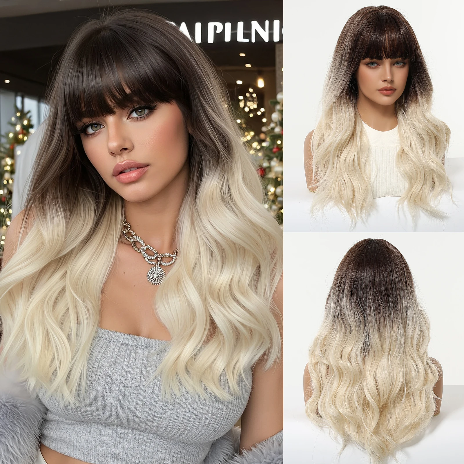 Allbell Magique Fashion Dark Brown To Beige Synthetic Wigs  For Women Party Cosplay Natural Wavy Fake Hair Heat Resistant Fiber