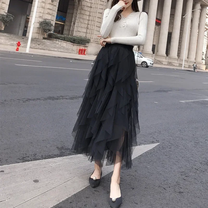 WERUERUYU Summer Autumn High Elastic Waist Mesh Long Women Pleated Skirts Tiered Ruffle Flower Tulle Tutu Skirt Holiday Wear