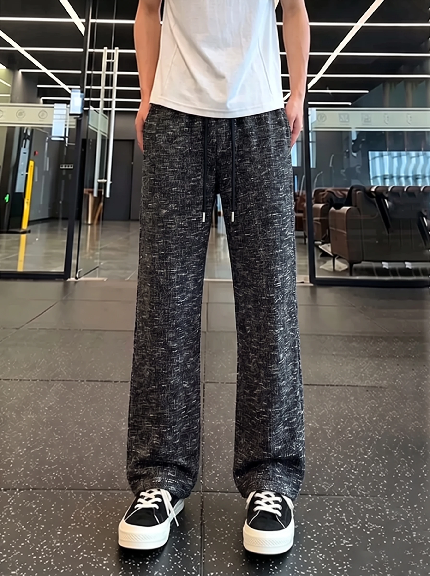 Men's Fitness Sportswear Knitted Casual Pants Summer Breathable Dyed Dragon Scale Design Loose Comfortable Straight Leg Trousers