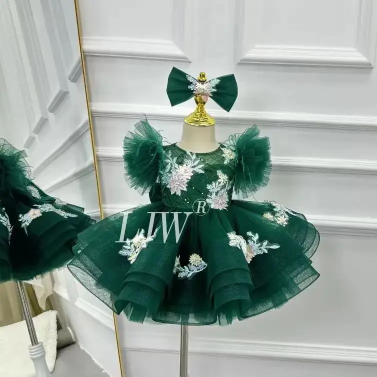 elegant baby girl  fashion feather bow tutu skirt high-end banquet Christmas  evening dresses wedding Flower Girl Dress 0-6 old