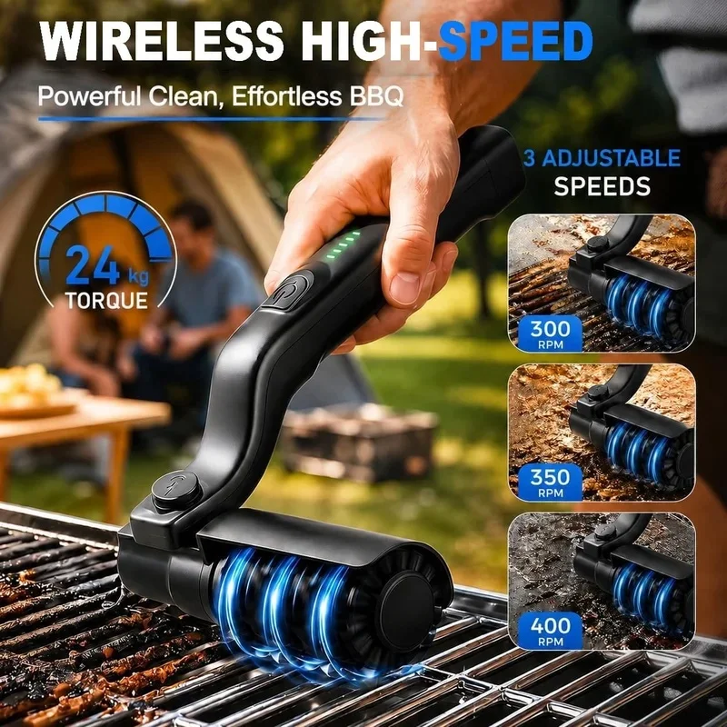 2 in 1 Cordless Rechargeable Electric Grill Brush, Stainless Steel Brush Head, 3-Speed Power BBQ Grate Cleaner, Outdoor Grill