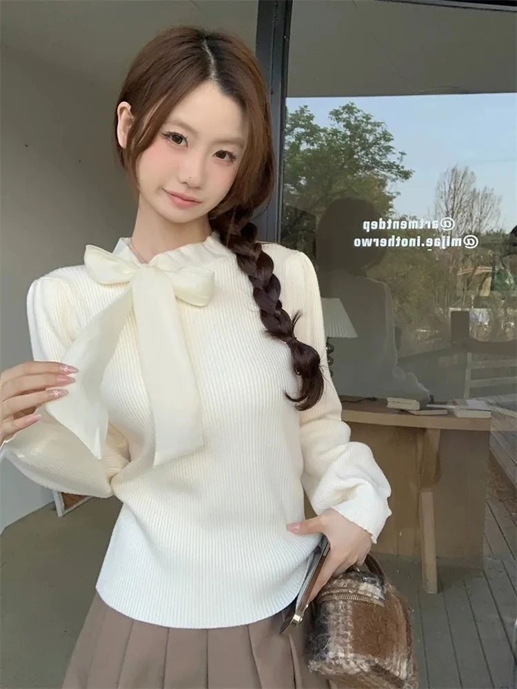 

Sweet Bow Knitted Sweater Women Long Sleeve O Neck Lace Up Slim Fit Fashion Pullovers Korean Solid Cute Casual Bottoming Jumpers