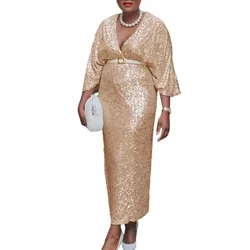 Women's Party Dress Sexy V-neck Sequin Elegant Slim Fit Gold Dress 2025 Autumn/winter New Women's Elegant Evening Dresses
