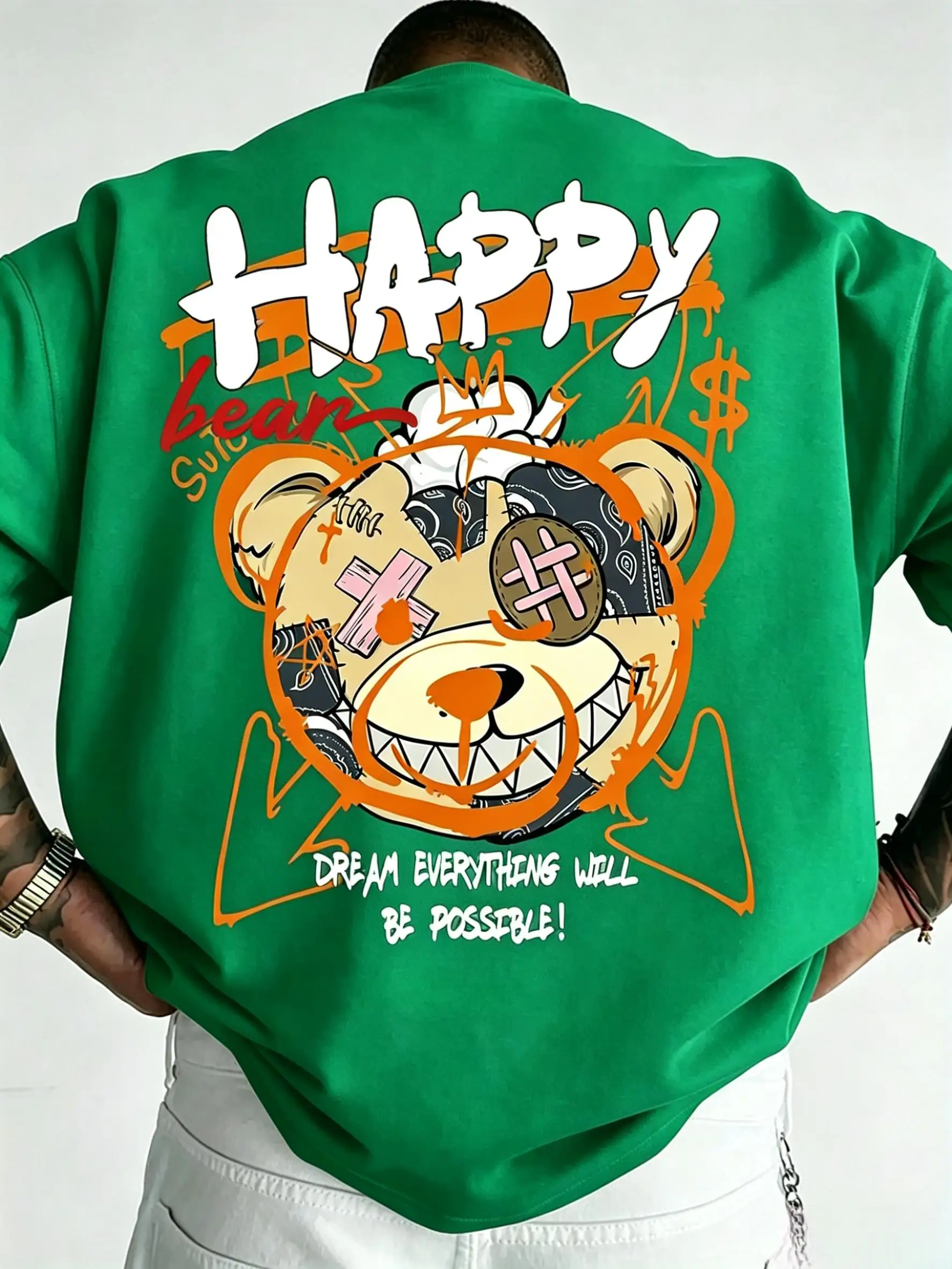 Hot Selling Men's Summer Personalized Teddy Bear Letter Print micro Elastic Breathable Round Neck T-Shirt Outdoor Casual Top