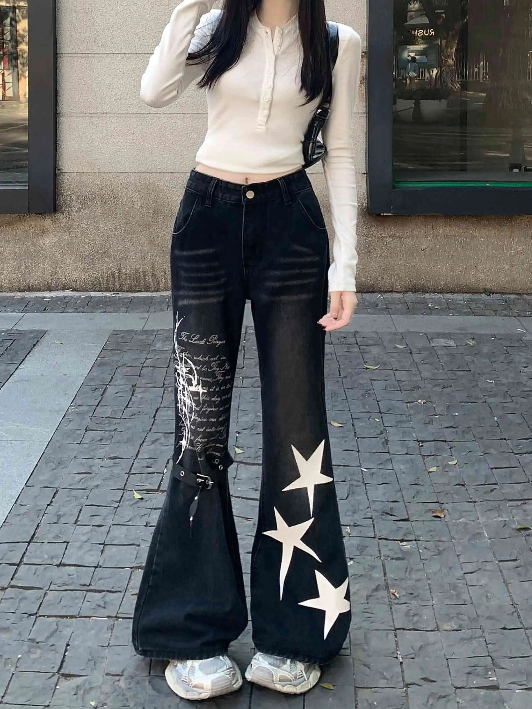 Women's Gothic Star Print Casual Jeans Y2K Harajuku Street Style Retro Denim Long Trousers High Street Aesthetic Black Jeans New