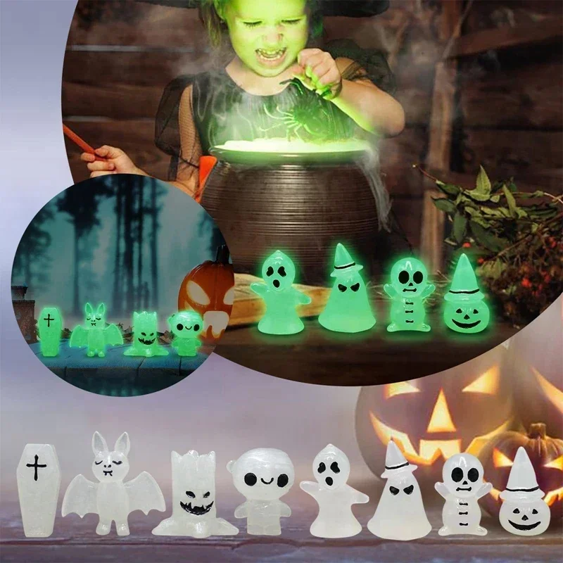Mini Luminous Ghost Ornament Halloween Decoration Coffin Pumpkin Bat Glowing Home Decoration Micro Miniature Decor Gift