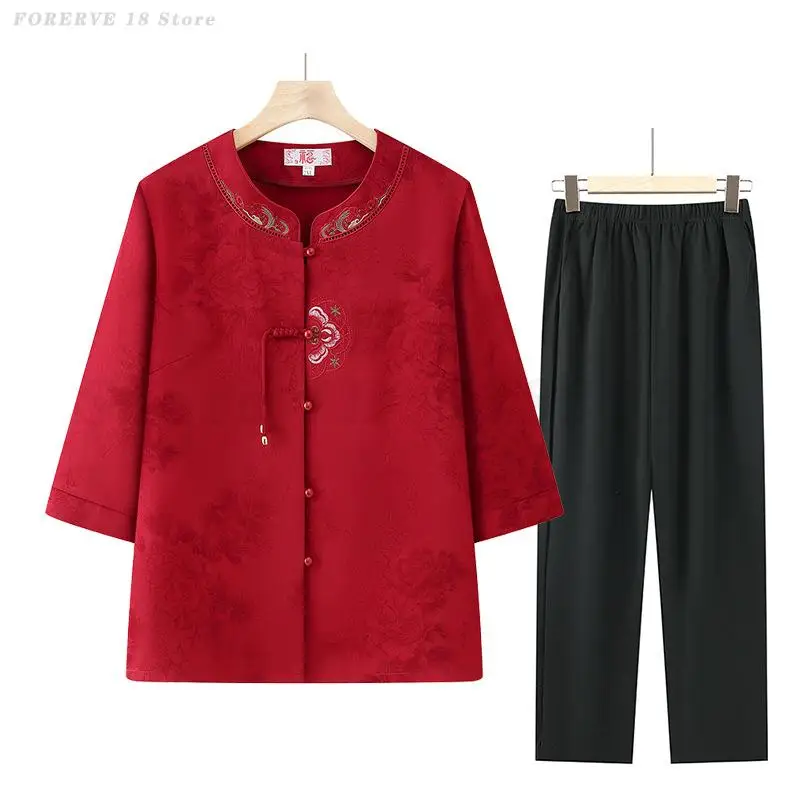 

Vintage Printed Tang Suit Middle Aged Mother Spring Autumn Shirts Pants 2 Piece Sets Female Elegant Tradition Chinese Clothing