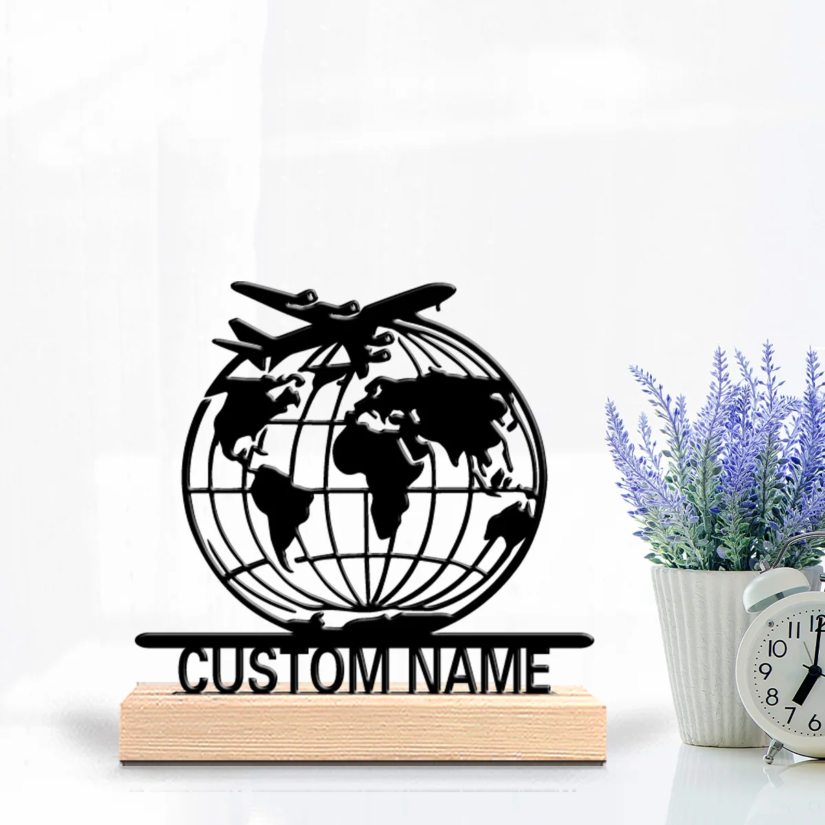 1pc Fashion Personalized Custom Globe Aircraft Metal Statues Metal Art With Wooden Base Perfect For Office, Man Cave, Retro Deco