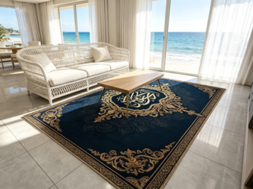 Navy Gold Persian Medallion Foldable Rug, Coastal Living Room Washable Mat, Bohemian Washable Sofa Floor Mat.