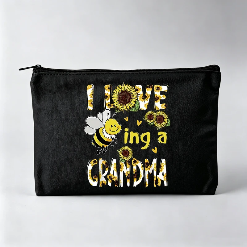 Grandma's Sunflower & Bee Graphic Makeup Bag, Casual Cosmetic Pouch for Daily Use