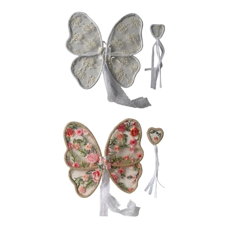 N80C Delicate Embroidered Angel Wing for Kids, Lovely Butterfly Wing & Wand for Themed Photoshoots and Stage Performances