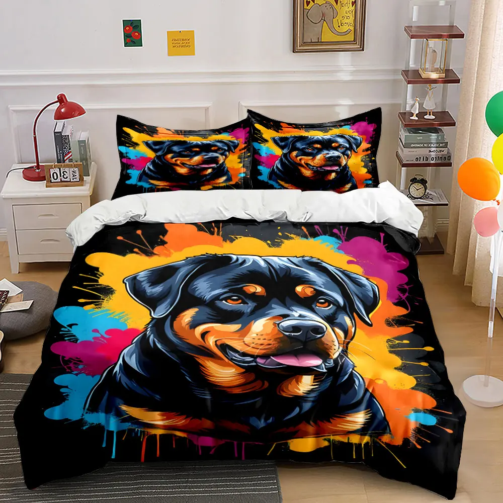 Juego de Ropa de Cama de 3 Piezas con Estampado de Rottweiler, Diseño Atrevido en Negro y Marrón con Salpicaduras, Funda de Edredón + 2 Fundas de Almohada, Decoración para Amantes de los Perros