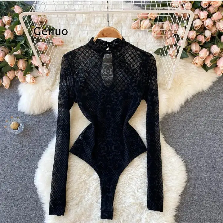 Spring Women's New Retro Sexy Slim Long Sleeve Snake Print Long Sleeve One-Piece Harajuku Bodysuit Dropshipping Top Size