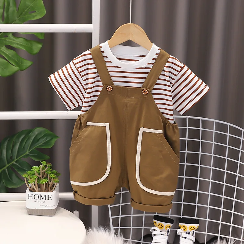 

Toddler Clothes Summer 0-5 Years Striped Short Sleeve T-shirts and Casual Overalls Shorts 2 Piece Baby Boys Outfit Set Kids Suit