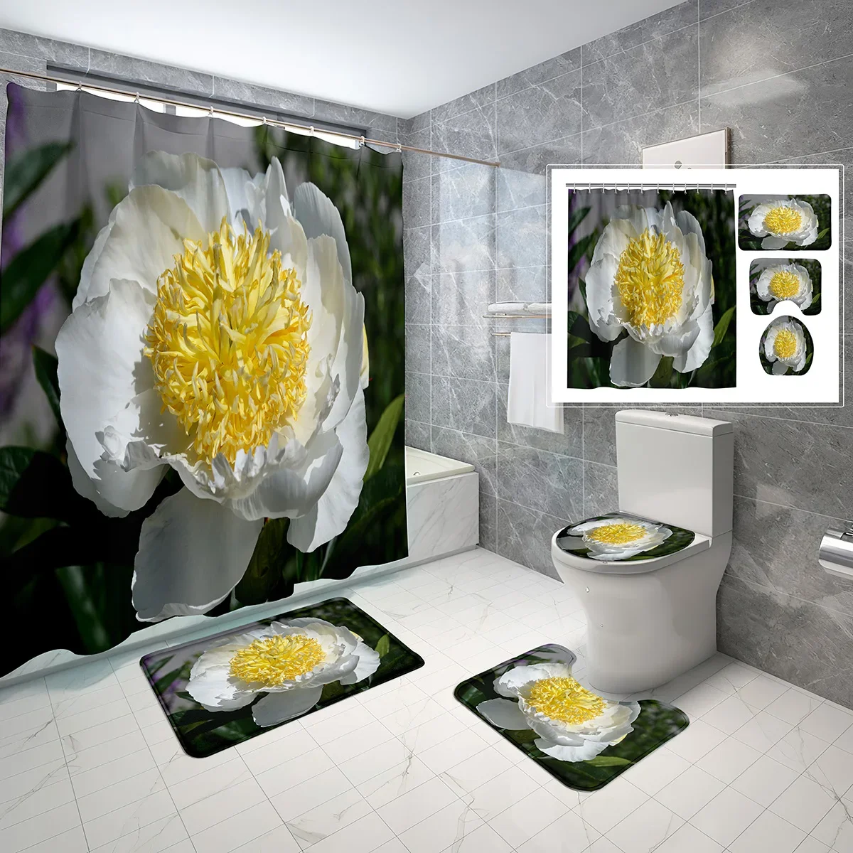 4 Pcs Peony Shower Curtain Sets Beautiful Purple Flower Plants Non-Slip Bath Mat Toilet Cover Waterproof Shower Curtain Set