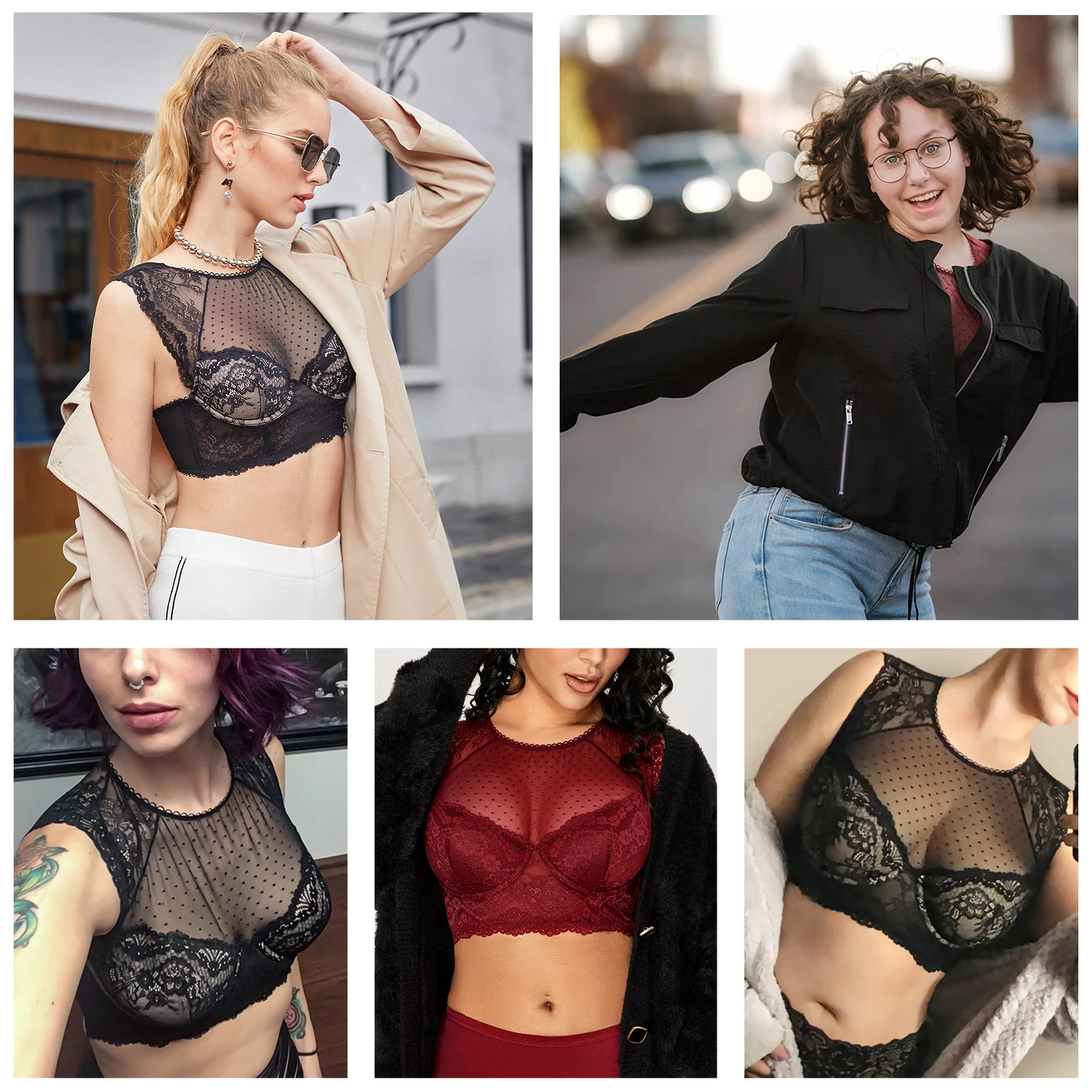 DOBREVA Women\'s Lace Bralette Crop Top Mesh Bustier Plus Size Padded High-neck Underwired Bra Black White Red DD E