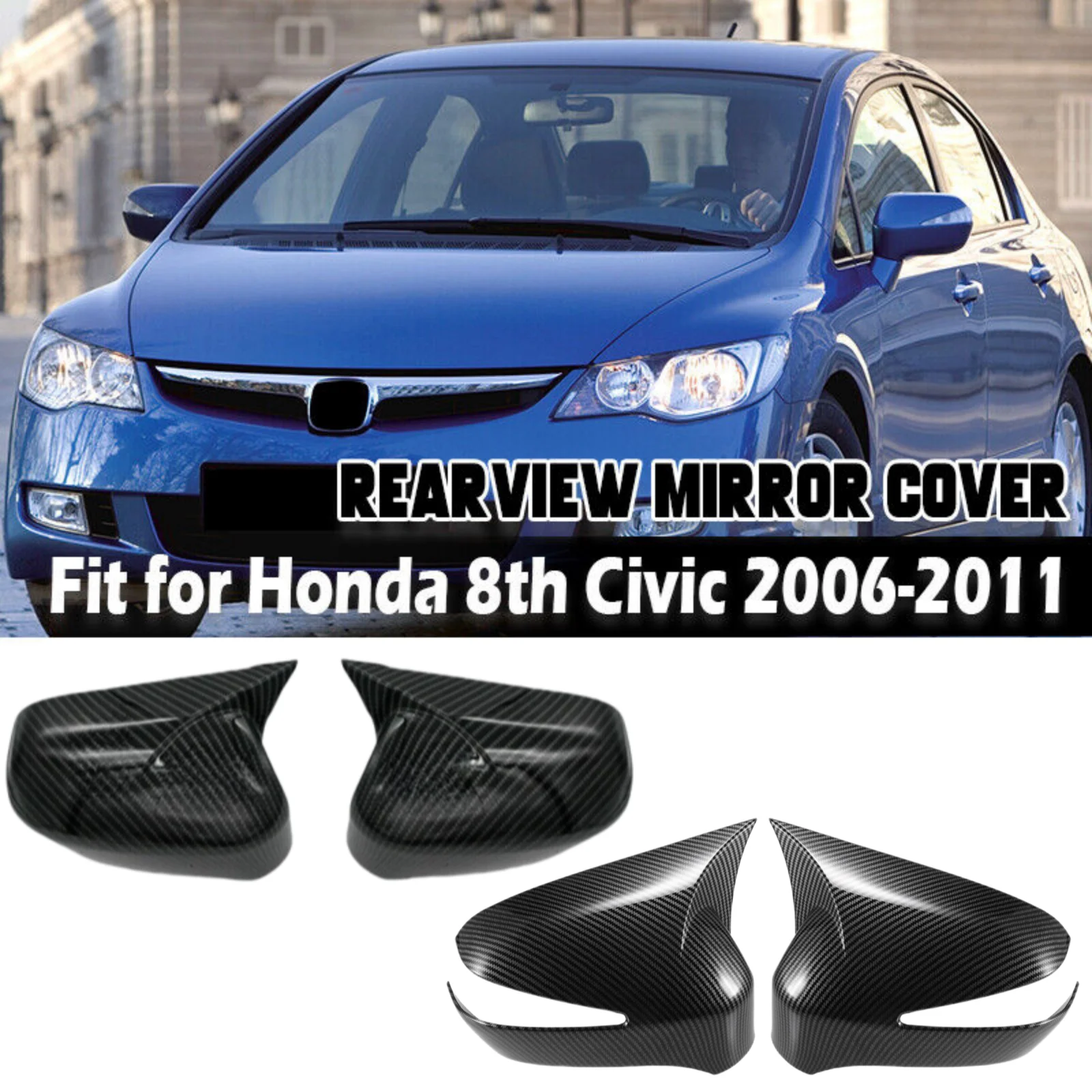 Car Rearview Side Mirror Cover For Honda Civic 8th 2005-2011 Wing Cap Sticker Door Rear View Case Trim Carbon Fiber Look Black