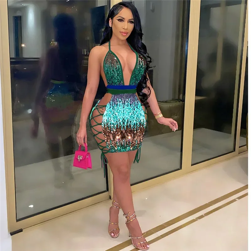 

Sexy Rainbow Sequin Mini Dresses for Women Party Club Outfits Deep V Halter Backless Bodycon Dress