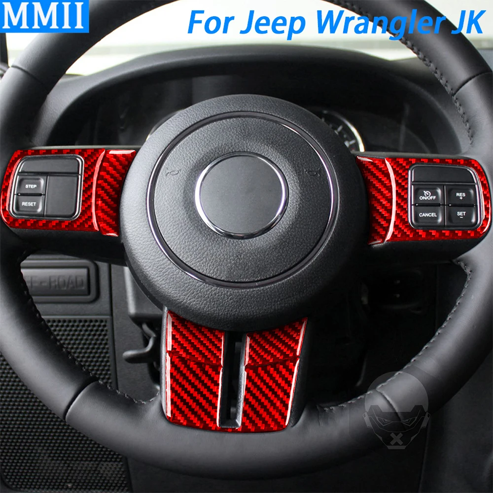 Red Carbon Fiber Steering Wheel Button Panel Decorative Cover Car Interior Accessories Sticker For Jeep Wrangler JK 2011-2017