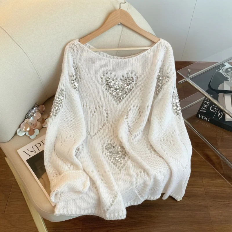 Women Heart Hollow‑out Knit Pullover Sweater Elastic Sequined Boat Neck Jumper Loose Oversized Knit Top Autumn Street Outfits