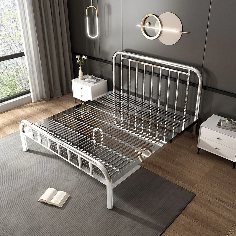 Extra thick 304 stainless steel bed frame, single double bed, simple and modern